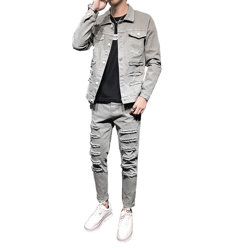 Denim Jacket With Men's Casual Sports Suit