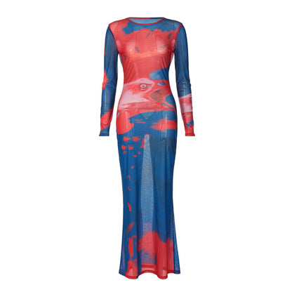 Round Neck Long Sleeved Mesh Printed Medium Length Tight Dress