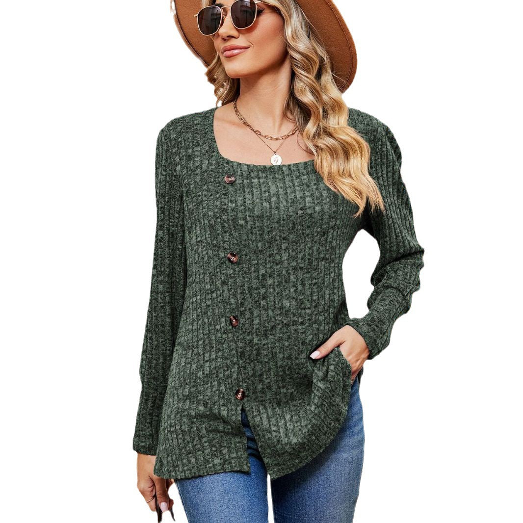 Women's Fashion Casual Loose Square Collar Button Long Sleeve Top