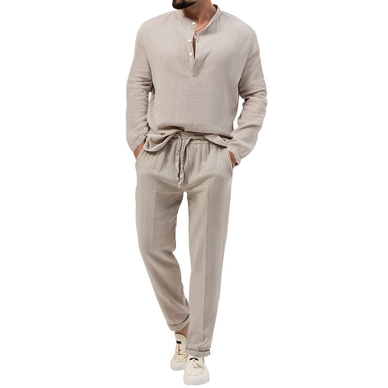 Solid Color Casual Long Sleeve Shirt And Trousers Suit