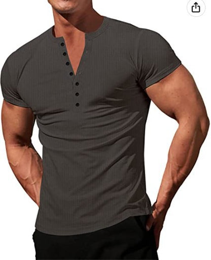 Men's Solid Color Buttons V-neck Slim T-shirt