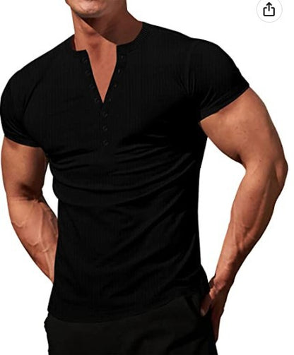 Men's Solid Color Buttons V-neck Slim T-shirt