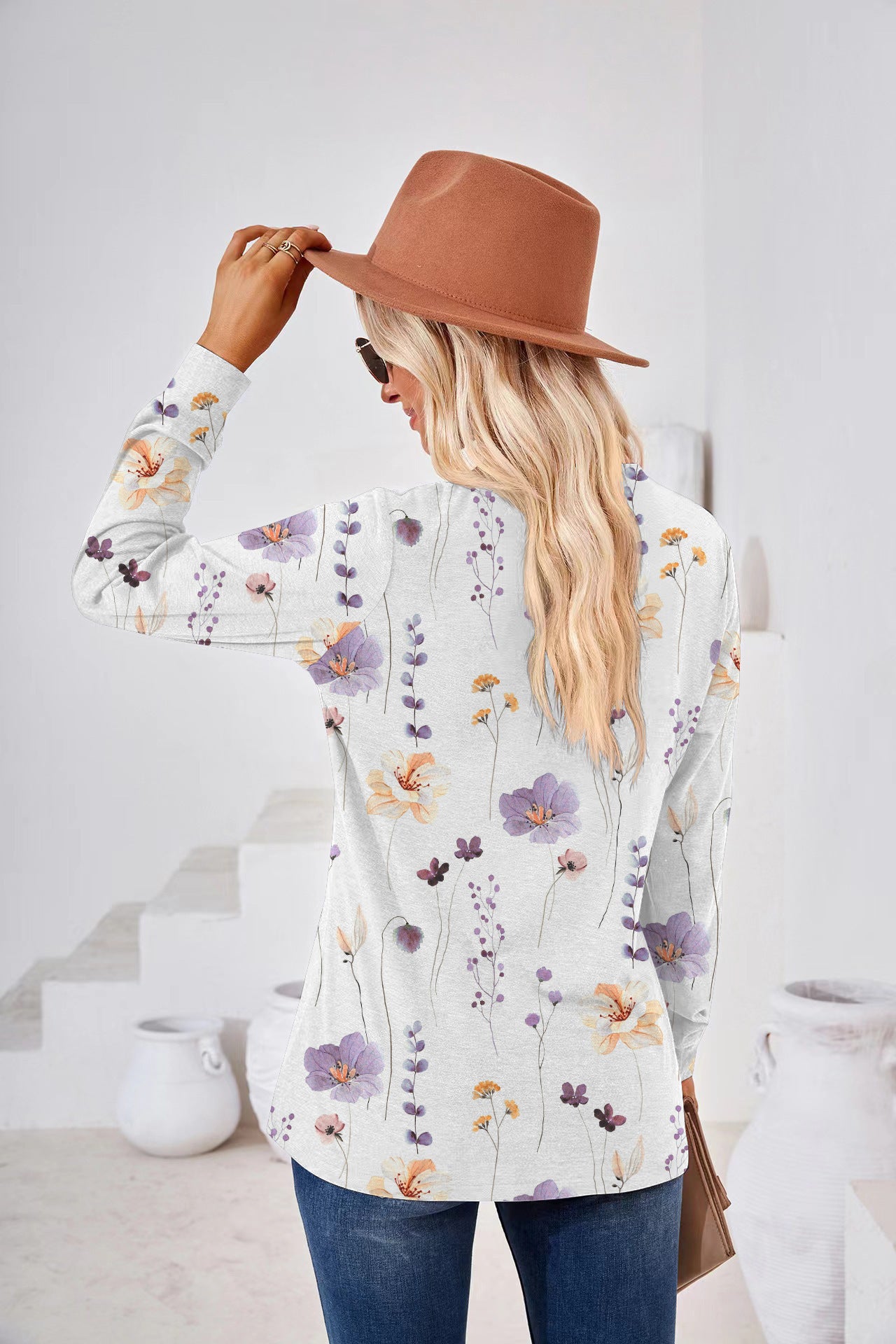 Women's Fashion Casual Printing Button V-neck Long Sleeve