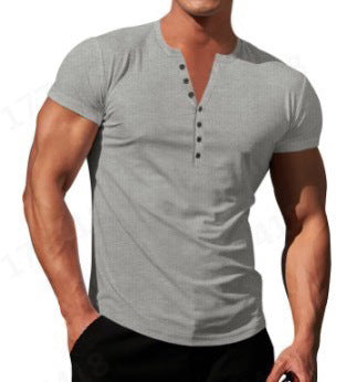 Men's Solid Color Buttons V-neck Slim T-shirt