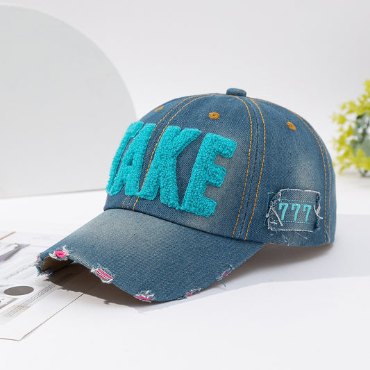 Three-dimensional Embroidered Ripped Letter-printing Denim Baseball Cap