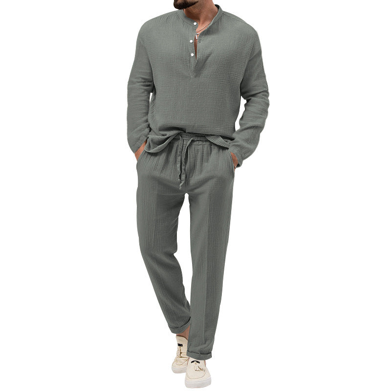 Solid Color Casual Long Sleeve Shirt And Trousers Suit