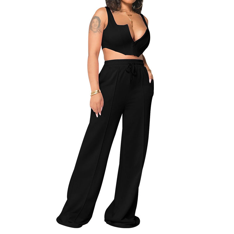 Women's Clothing Solid Color Wide Leg Pants Two-piece Set