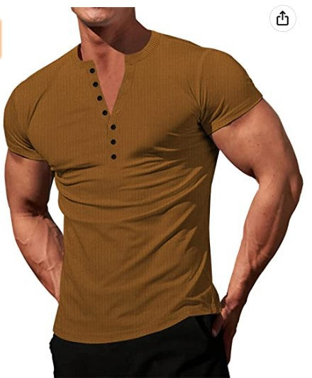 Men's Solid Color Buttons V-neck Slim T-shirt