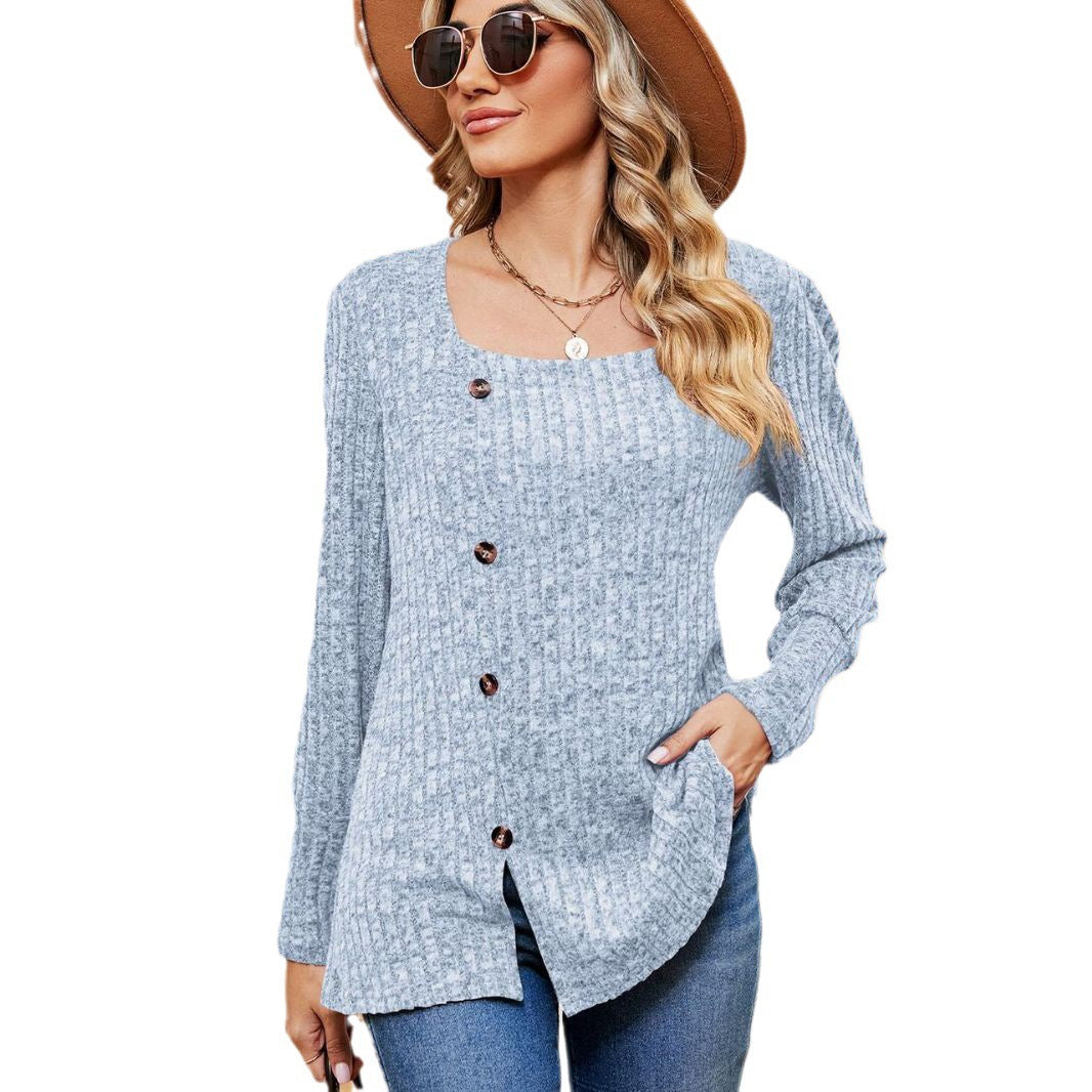 Women's Fashion Casual Loose Square Collar Button Long Sleeve Top