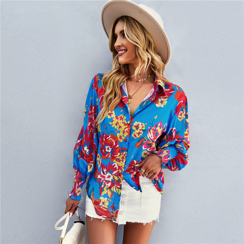 Women's Fashionable All-match Lantern Sleeve Printed Shirt