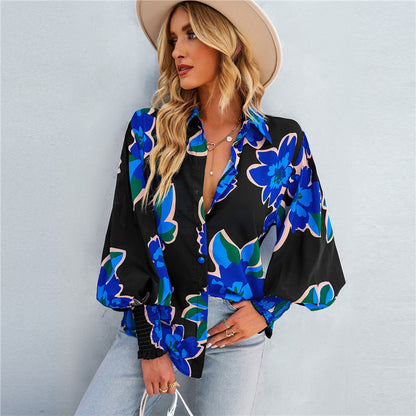 Women's Fashionable All-match Lantern Sleeve Printed Shirt