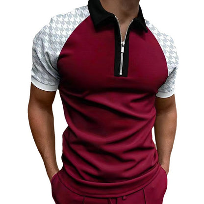 Men's Polo Shirt Short Sleeve Color Matching Plaid Zipper