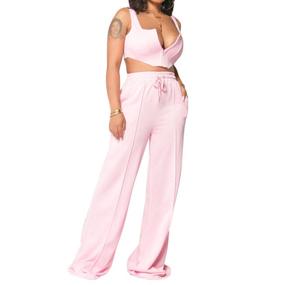 Women's Clothing Solid Color Wide Leg Pants Two-piece Set