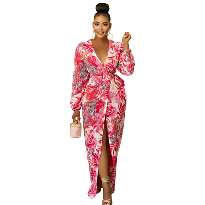 Women's V-neck Printed Long Sleeve Tied Dress