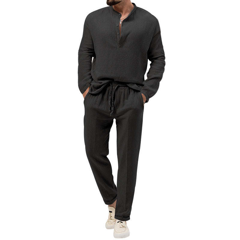 Solid Color Casual Long Sleeve Shirt And Trousers Suit