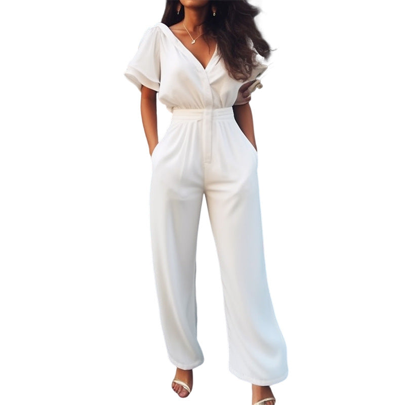 Women's Fashionable Short-sleeved V-neck Jumpsuit