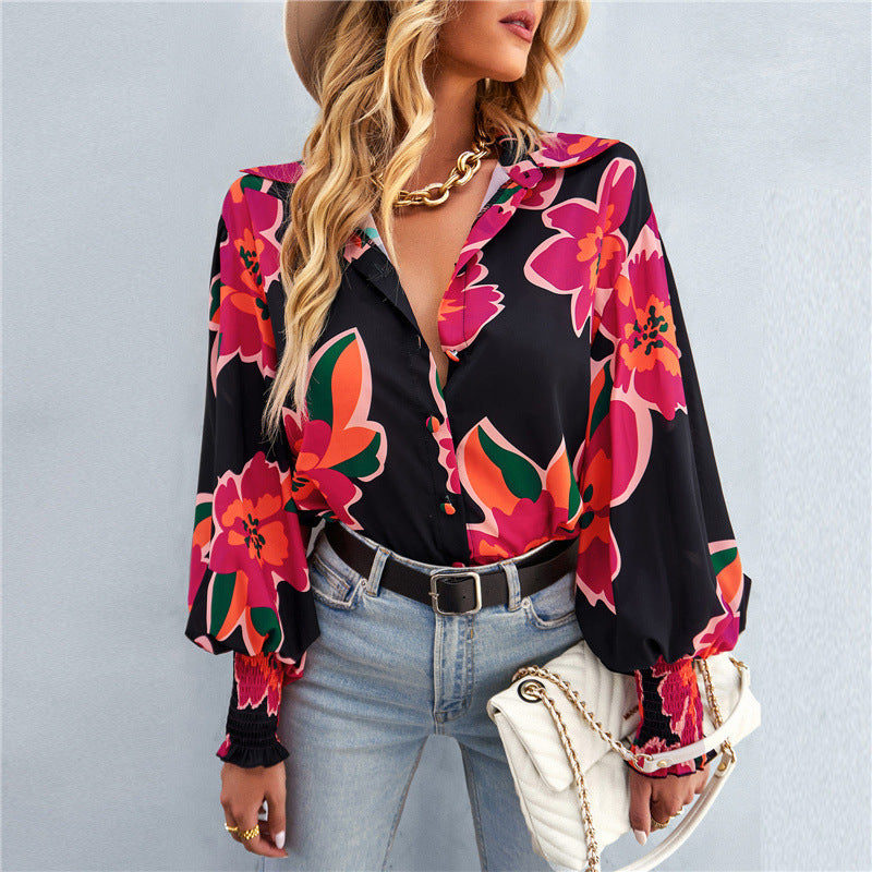 Women's Fashionable All-match Lantern Sleeve Printed Shirt