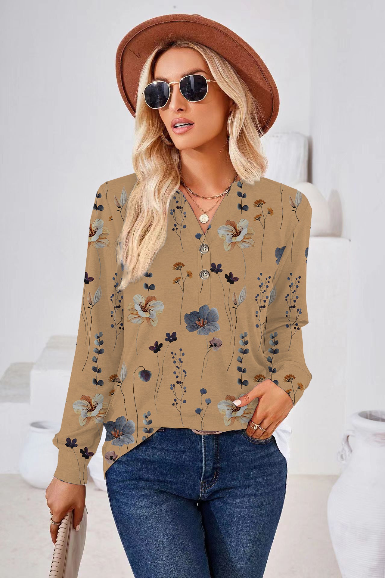 Women's Fashion Casual Printing Button V-neck Long Sleeve