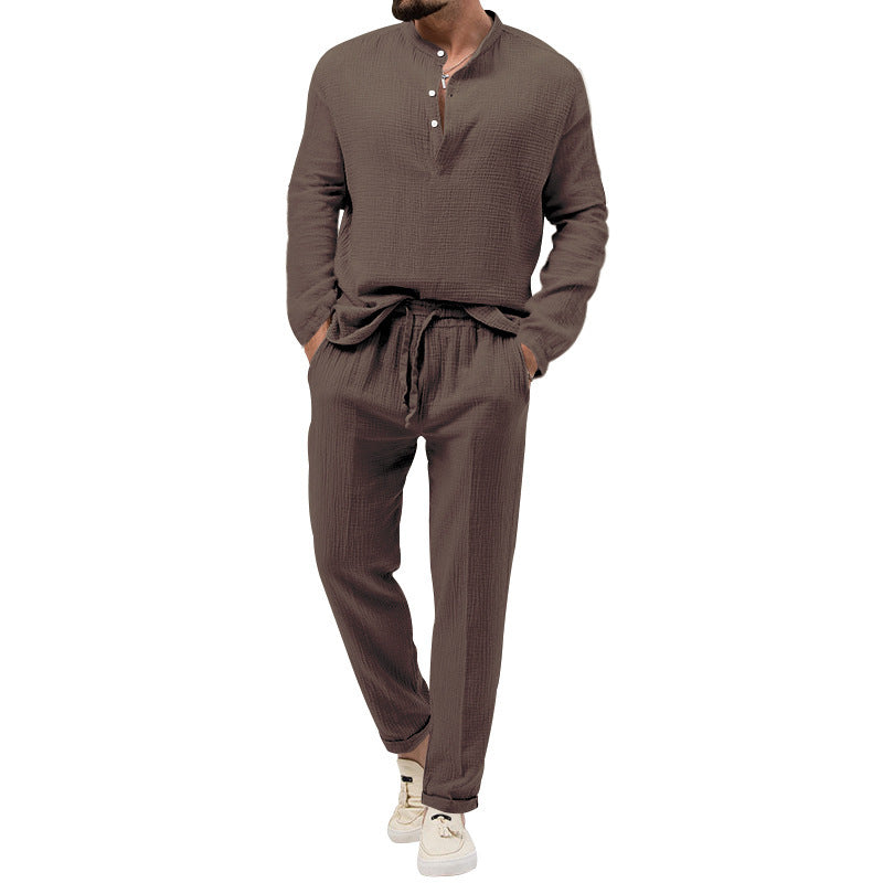 Solid Color Casual Long Sleeve Shirt And Trousers Suit