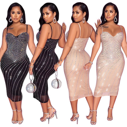 Women's Tight Braces Mesh Rhinestone Dress