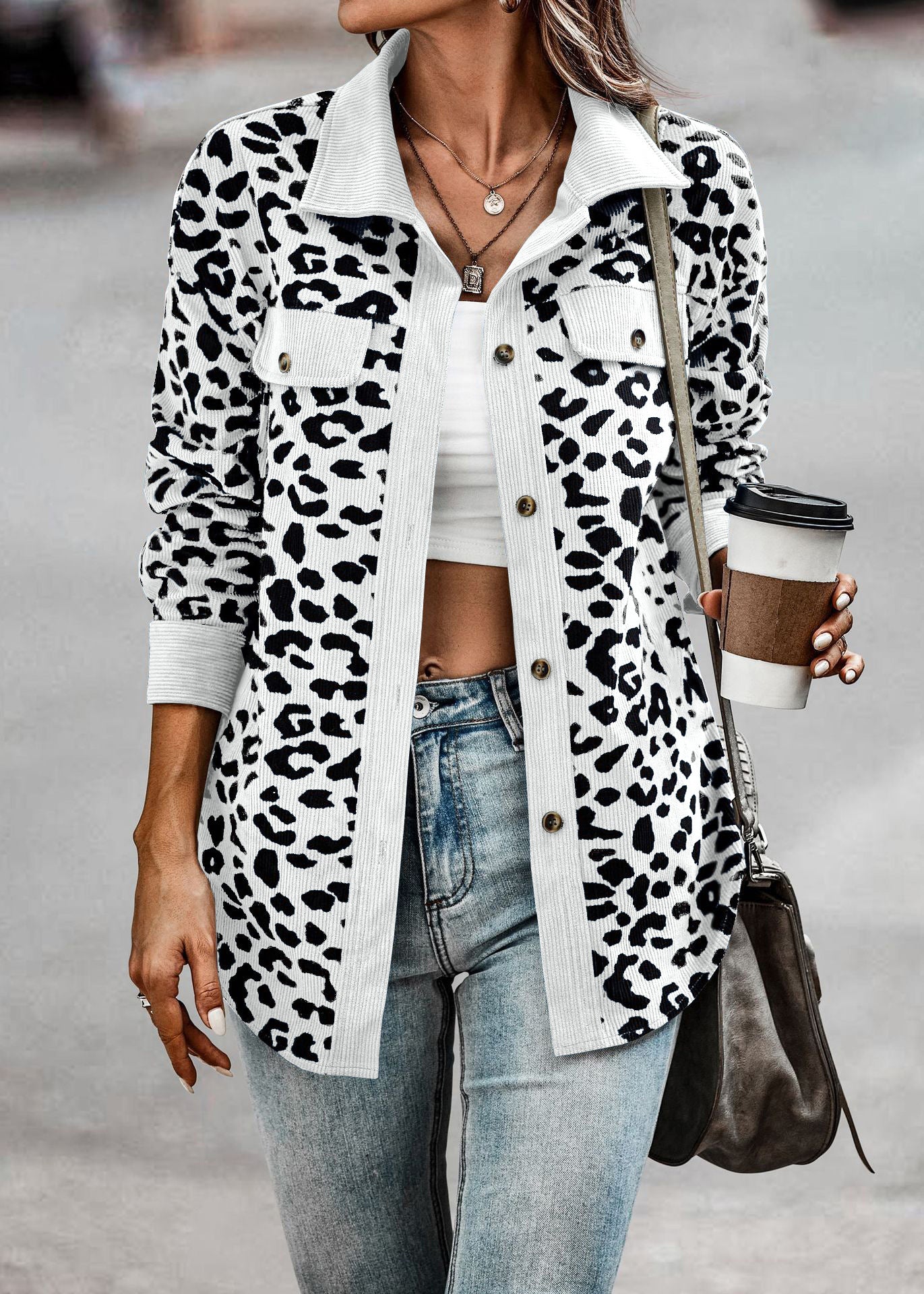 Leopard Print Shirt Coat Fashion Button Long Sleeve Jacket