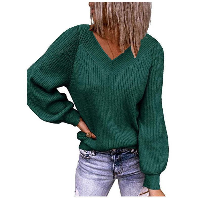 Women's Loose Knit V-Neck Solid Color Pullover Top