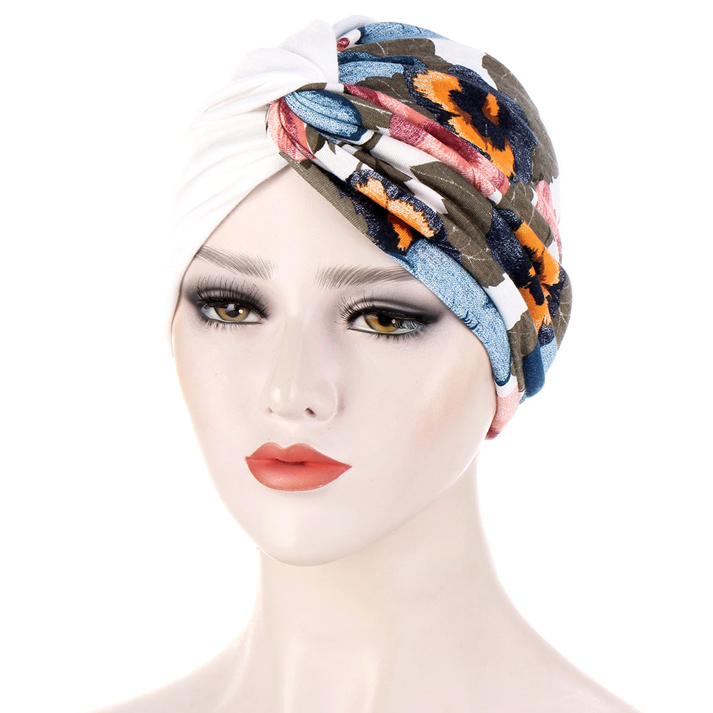 Double-layer Two-color Floral Cloth Splicing Twist Turban Hat