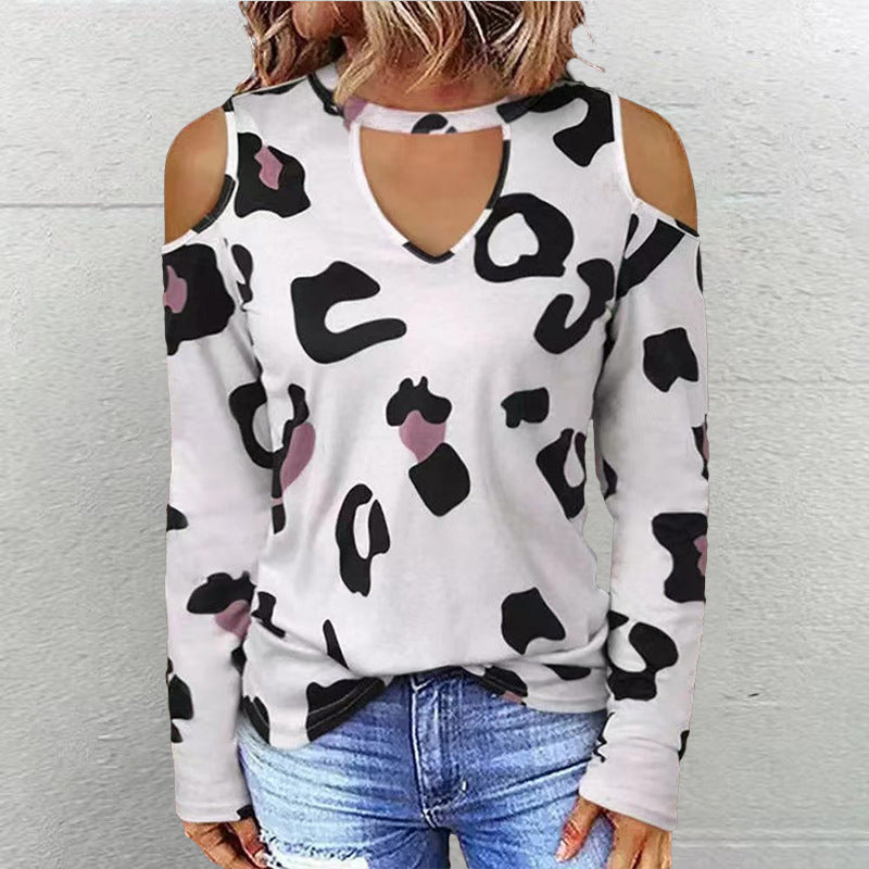 Women's Fashion Casual Printing Off-shoulder Loose Long-sleeved T-shirt