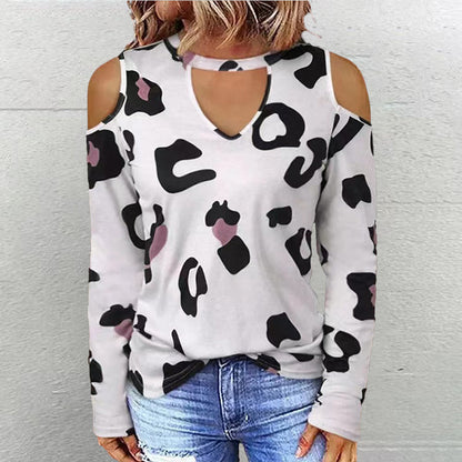 Women's Fashion Casual Printing Off-shoulder Loose Long-sleeved T-shirt