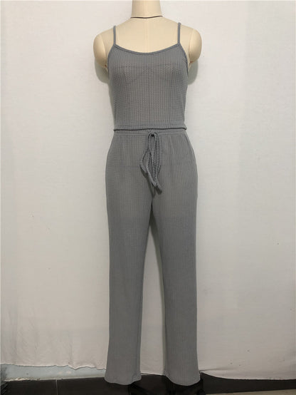 Waffle Knitted Suspenders Top And Trousers Robe Pajamas Three-piece Suit