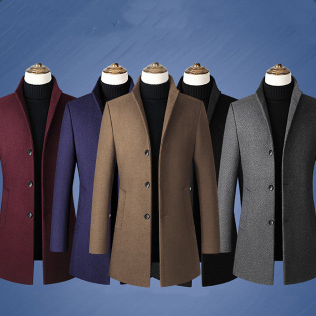 Single-breasted Stand Collar Wool Men's Coat