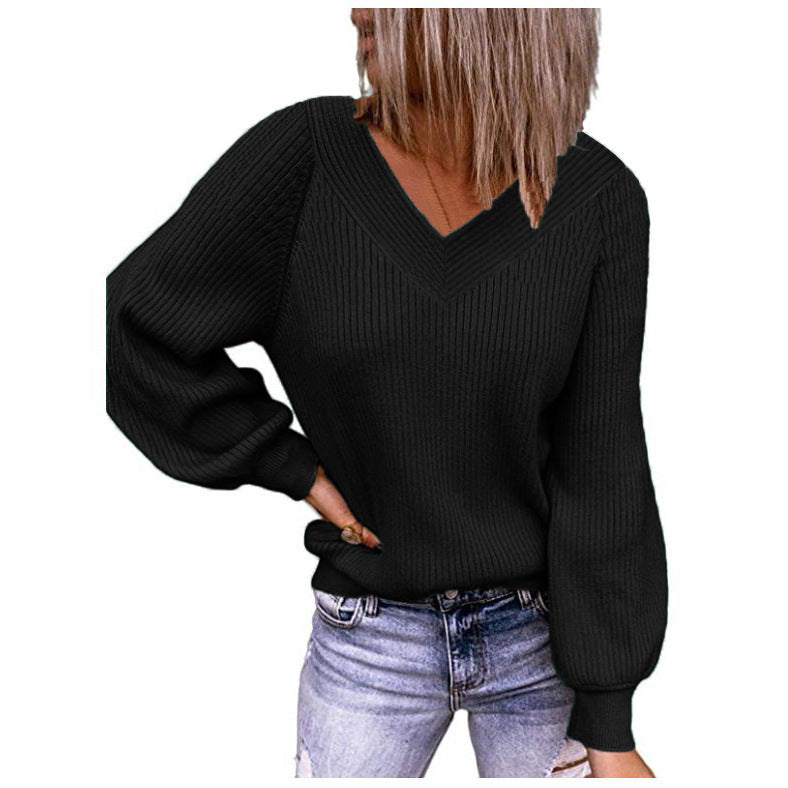 Women's Loose Knit V-Neck Solid Color Pullover Top