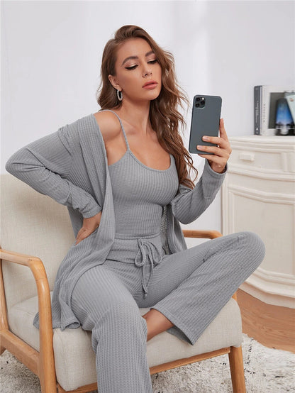 Waffle Knitted Suspenders Top And Trousers Robe Pajamas Three-piece Suit