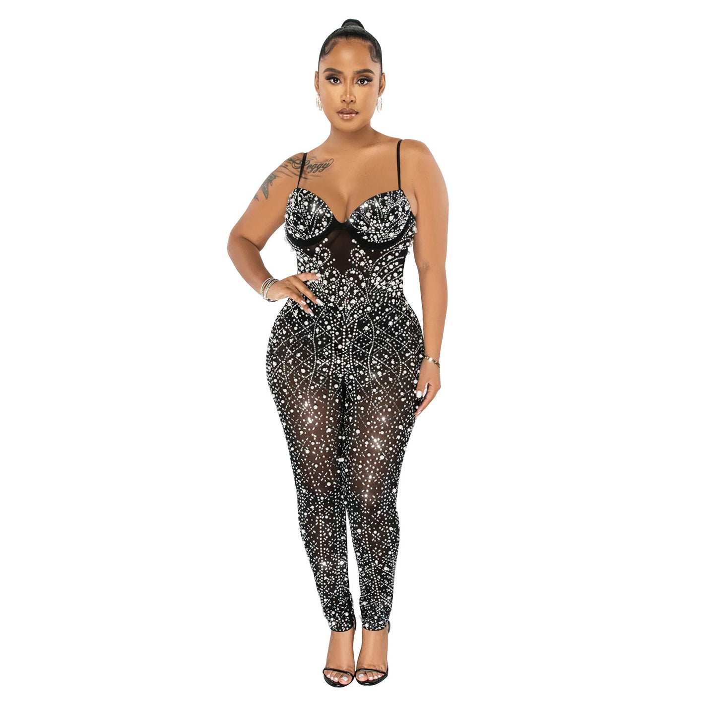 Pure Color Mesh Rhinestone Sleeveless Trousers Jumpsuit