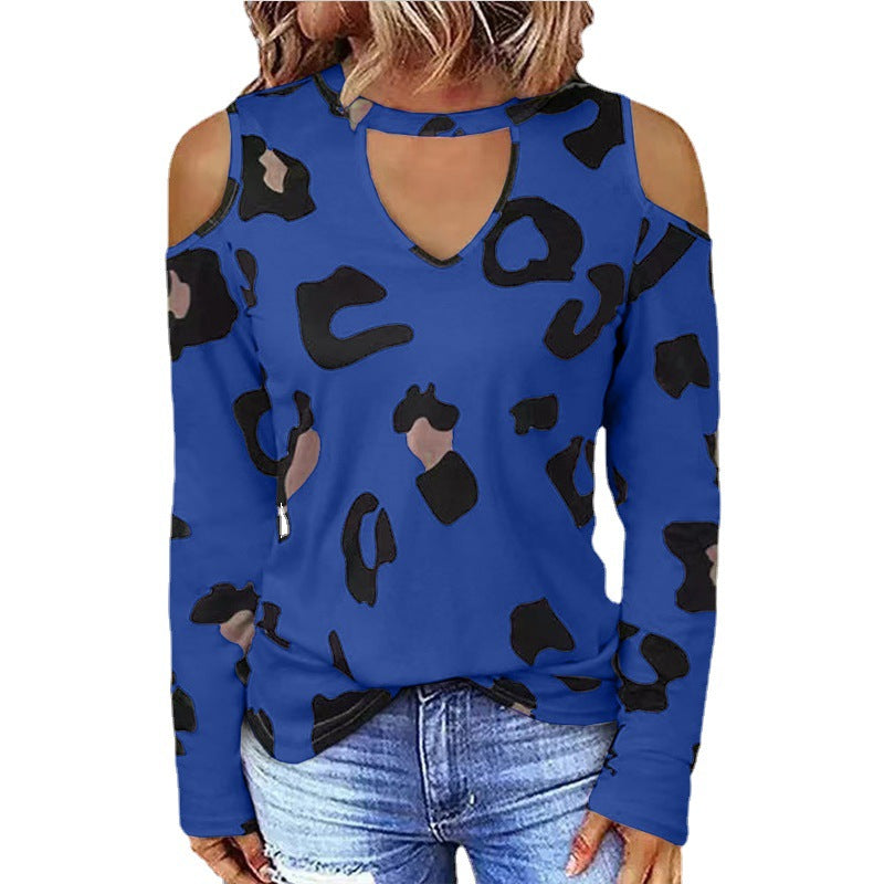 Women's Fashion Casual Printing Off-shoulder Loose Long-sleeved T-shirt