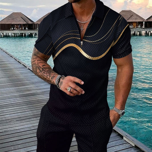 Men's 3D Printed Short Sleeve Geometric Zip Lapel Shirt Set