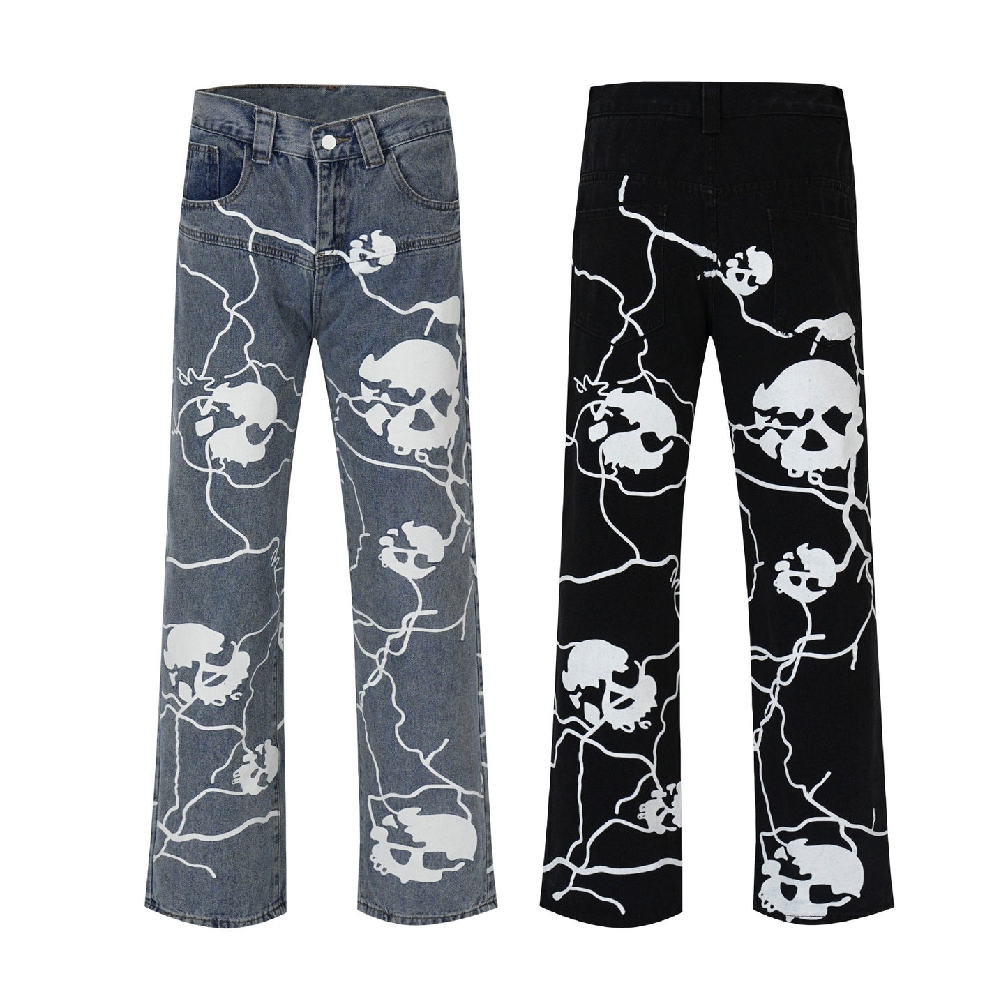 Printed Skull  Dark High Street Design Straight-leg Pants