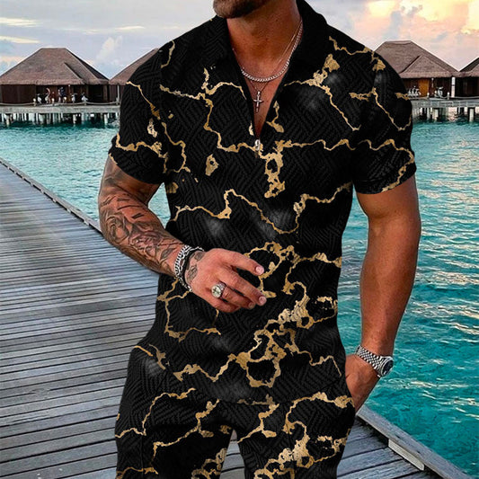 Men's Summer Fashion 3D Printed Short Sleeve Geometric Zip Lapel Shirt Set