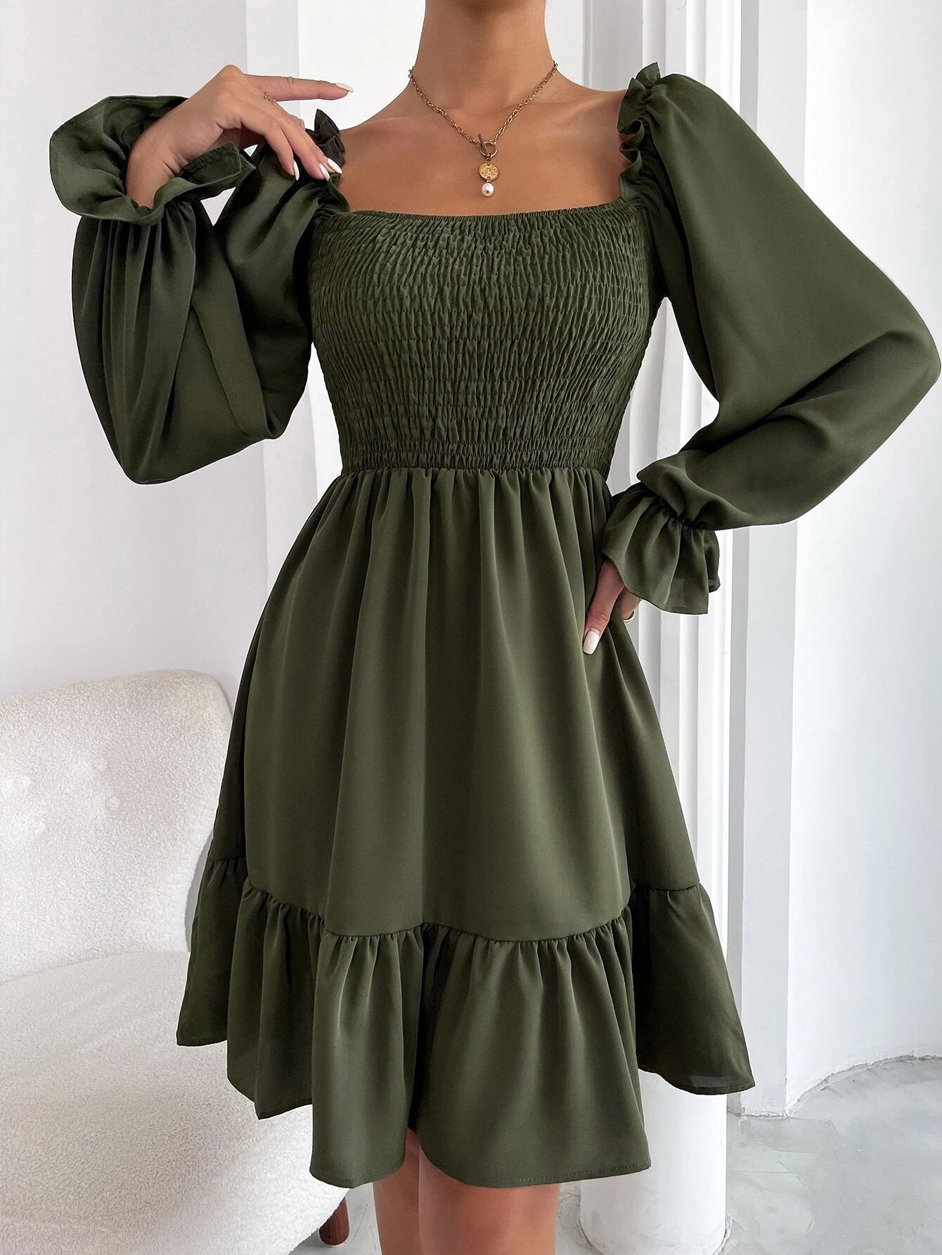 Flared Long Sleeve  Square Neck Ruffled Swing Dress