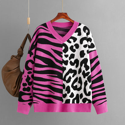 Women's Leopard Patchwork Mixed Knit Pullover Sweater