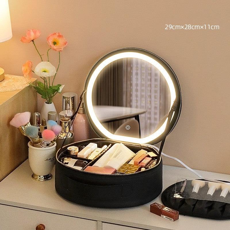 Large Capacity Round Smart LED Makeup Bag With Lighted Mirror PU Leather Travel Organizers Cosmetic Case