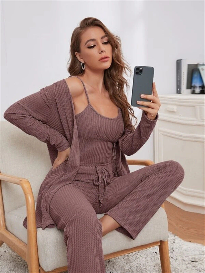 Waffle Knitted Suspenders Top And Trousers Robe Pajamas Three-piece Suit