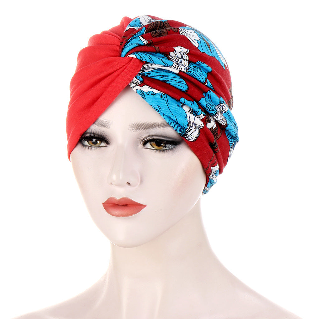 Double-layer Two-color Floral Cloth Splicing Twist Turban Hat