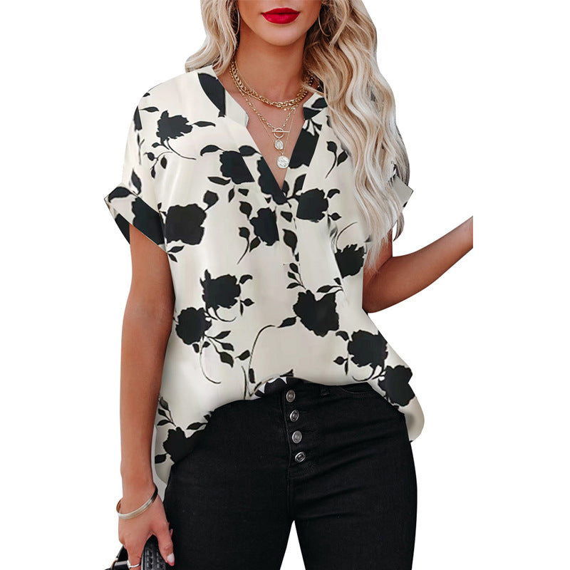 Summer Women's Clothing New Floral Print Short Sleeve Shirt