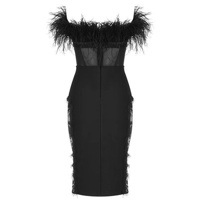 Sexy Tube Top Ostrich Feather Mesh Lace Bandage One-piece Dress