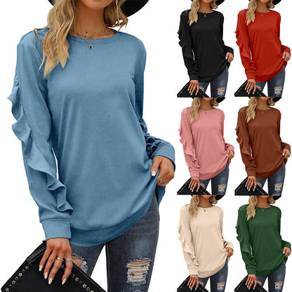 Women's Clothing Casual Round Neck Sweater Pleated Long Sleeve Top