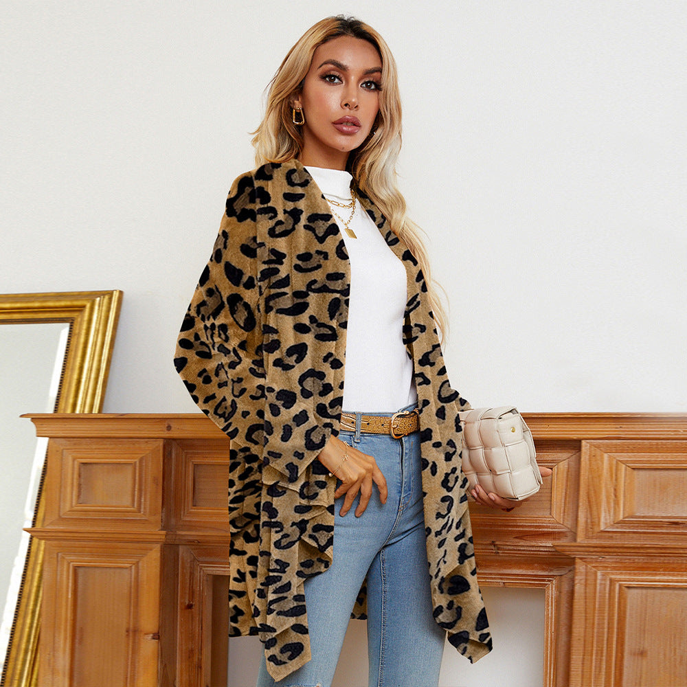 Women's Leopard Printed Irregular Hem Flannel Fashion Cardigan Coat