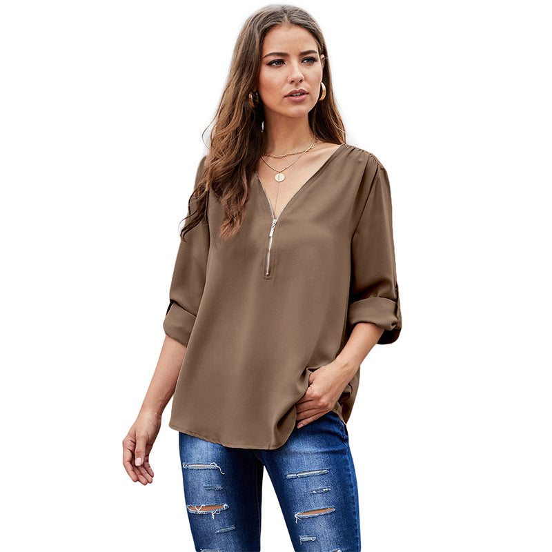 Women's Shirts Solid Color Sexy V-neck Zipper Half Sleeves