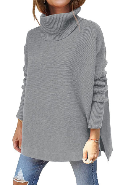 Turtleneck Sweater Mid Length Batwing Sleeve Slit Hem Tunic Pullover Sweaters