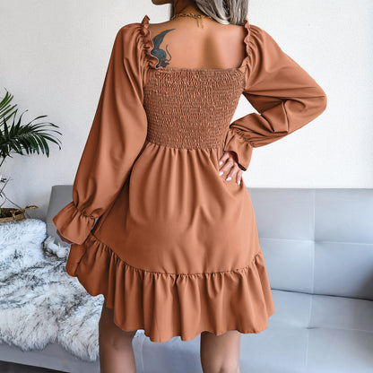 Flared Long Sleeve  Square Neck Ruffled Swing Dress